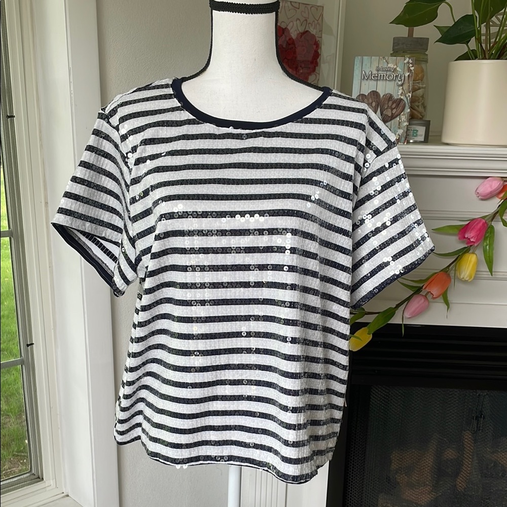 Halogen Blue and White Sequin Boxy T-Shirt